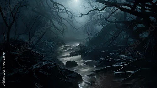 Tendrils of fog encircle a withered eerie hollow clinging to the darkness of night.