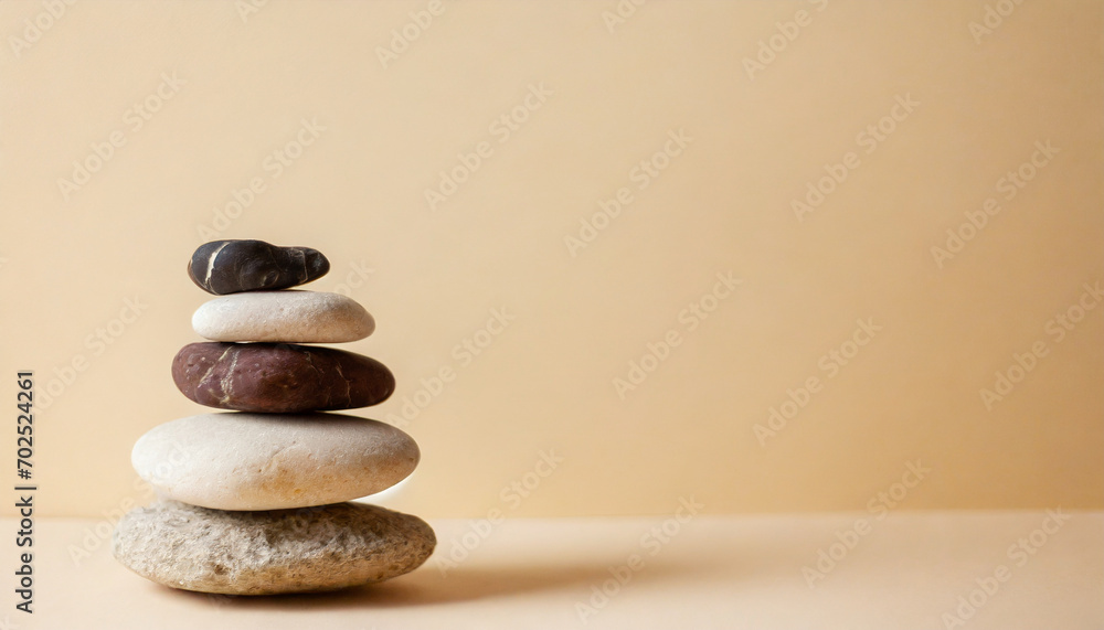Tranquil stack of pebbles, symbolizing balance and peace in spa setting Tranquil stack of pebbles, symbolizing balance and peace in spa setting