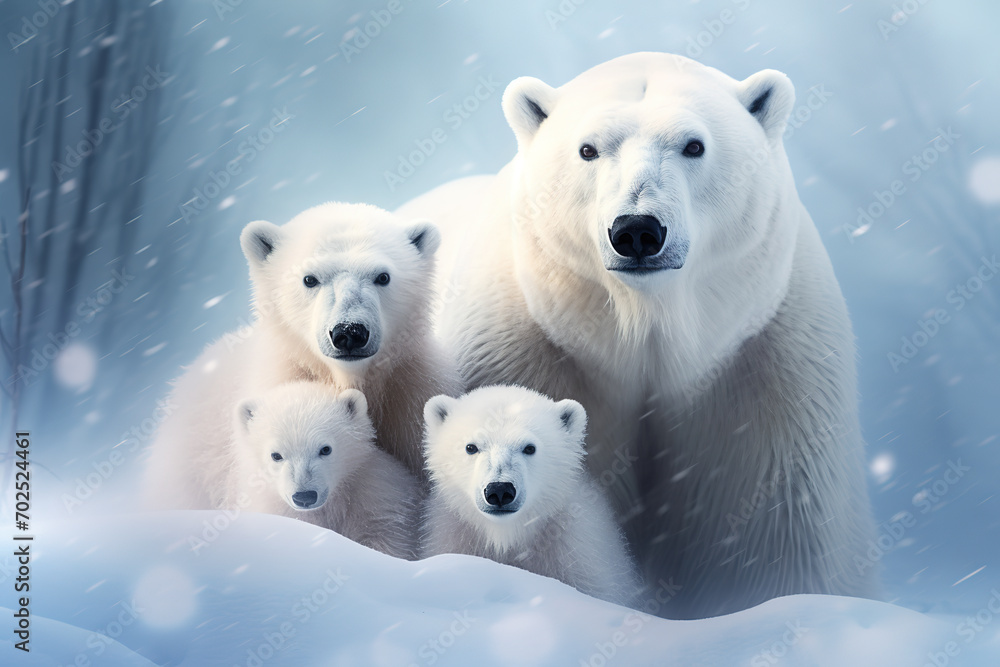Image of family of polar bears is in the middle of a snowstorm in the forest. Mammals. Wildlife Animals. Ai. Image of family of polar bears is in the middle of a snowstorm in the forest. Mammals. Wildlife Animals. Ai.