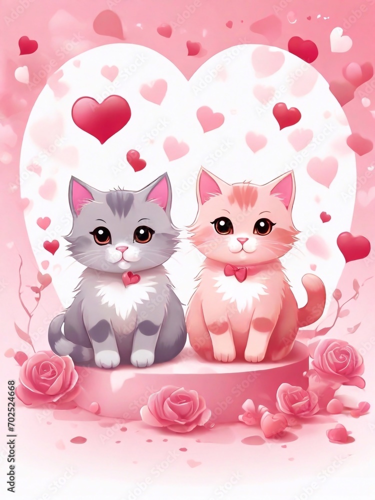 Beautiful Happy Valentine's Day holiday art, greeting card design with two cute kawaii cartoon cats in love with hearts backgroung. Cats couple in love with valentines hearts design