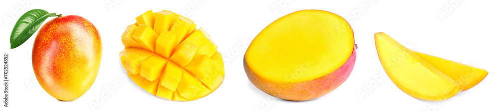 Mango fruits cut in different ways and one whole isolated on white Mango fruits cut in different ways and one whole isolated on white