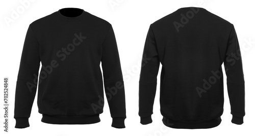 Black sweater isolated on white, back and front. Mockup for design
