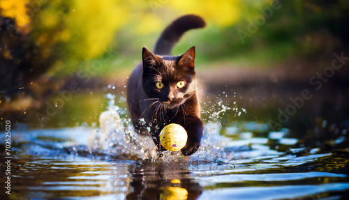 ボールを追いかけて水に入る黒猫