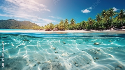 Stunning split view of a tropical beach with clear blue waters above and below the surface, highlighting marine beauty.