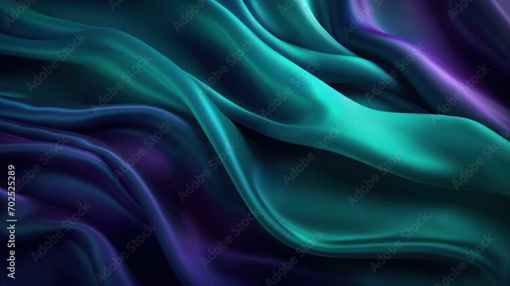 Vibrant teal and purple satin fabric undulating in waves, creating a dynamic and luxurious texture.