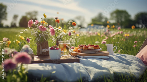 Fototapeta Naklejka Na Ścianę i Meble -  A sunny meadow picnic scene with fresh flowers, pastries, and a refreshing drink, invoking a leisurely summer vibe.