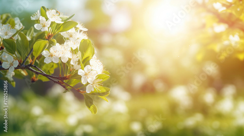 Branches laden with white spring blossoms against a bright, sun-kissed background, signaling the start of spring.