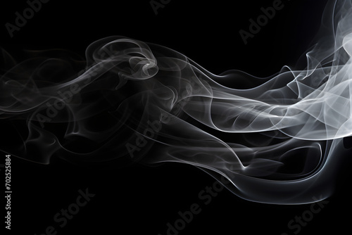 Smoke on black background. Panoramic view of the abstract fog. White cloudiness, mist or smog moves on black background. Beautiful swirling gray smoke.Dark backdrop