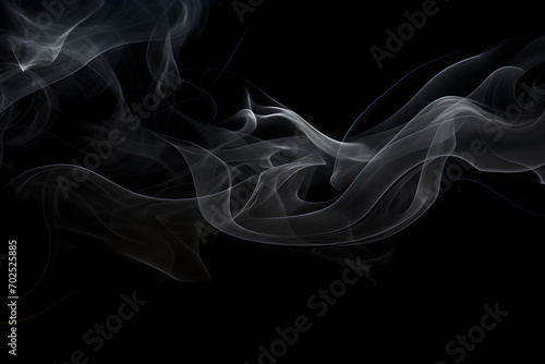 Smoke on black background. Panoramic view of the abstract fog. White cloudiness, mist or smog moves on black background. Beautiful swirling gray smoke.Dark backdrop
