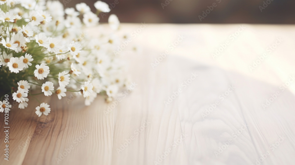 Soft focus on delicate white daisy flowers spread across a wooden surface with a warm light ambiance. Soft focus on delicate white daisy flowers spread across a wooden surface with a warm light ambiance.