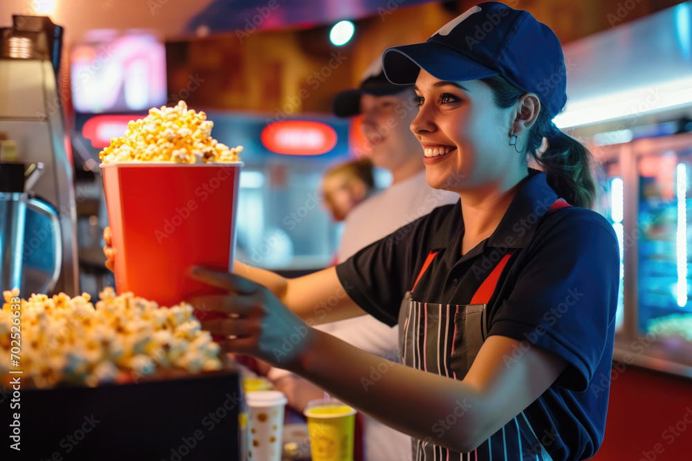 Smiling young woman working at a movie theater cafeteria holding a box of popcorn - obrazy, fototapety, plakaty 