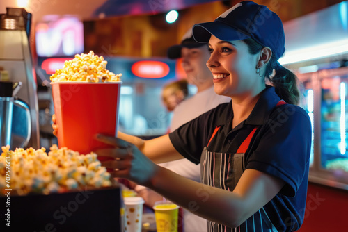 Smiling young woman working at a movie theater cafeteria holding a box of popcorn