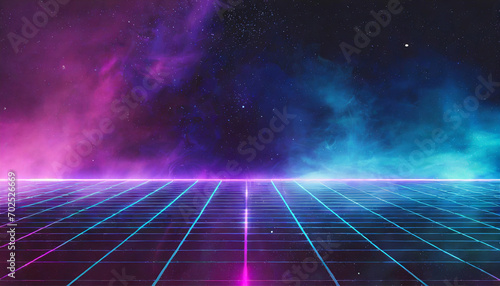 Synthwave vaporwave retrowave cyber background with copy space, laser grid, starry sky, blue and purple glows with smoke and particles. photo