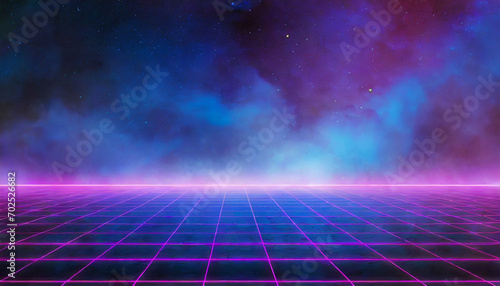 Synthwave vaporwave retrowave cyber background with copy space, laser grid, starry sky, blue and purple glows with smoke and particles.