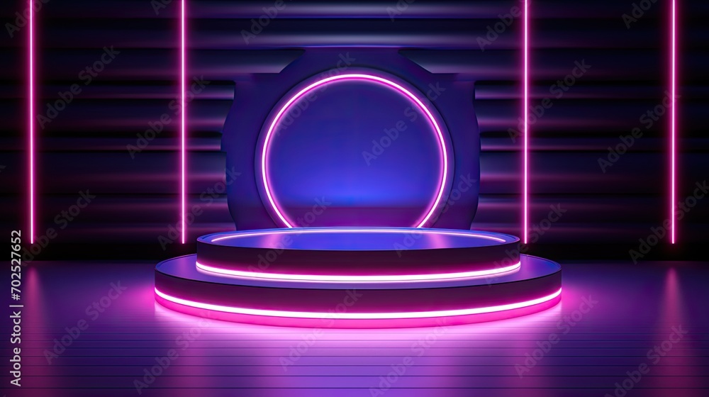 Purple empty scene with blue line neon lamps on the background Purple empty scene with blue line neon lamps on the background
