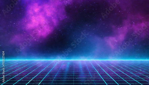 Synthwave vaporwave retrowave cyber background with copy space, laser grid, starry sky, blue and purple glows with smoke and particles.
