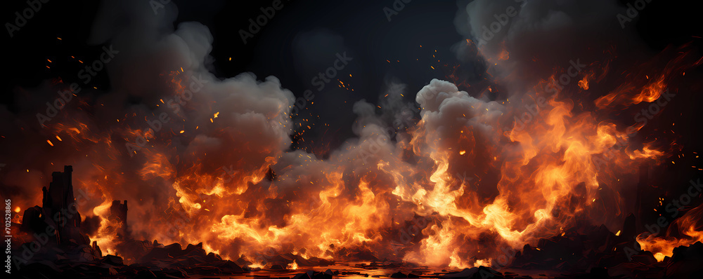 A fire that is erupting out of a black background - obrazy, fototapety, plakaty 
