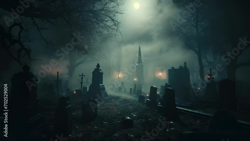 A mysterious fog cascading through an eerie graveyard with ghostly specters haunting the shadows. photo