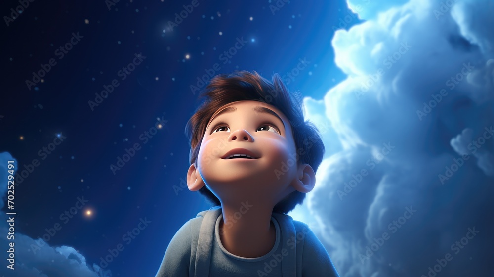 A 5-year-old cute boy looking up dark blue sky A 5-year-old cute boy looking up dark blue sky