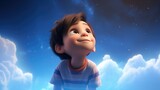 A 5-year-old cute boy looking up dark blue sky