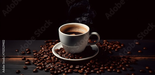 Coffee Cup and Beans on Wooden Table