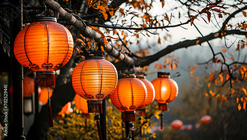 A group of orange lanterns hang on a pole in front of some trees