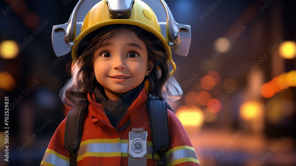 A 5-year-old cute girl wearing a fire rescue uniform A 5-year-old cute girl wearing a fire rescue uniform