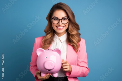 A joyous girl dressed in vibrant clothing lovingly holds a playful piggy bank indoors, her beaming smile reflecting the pure delight of saving for her dreams. Business concept