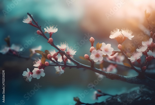 Blooming cherry and plum at sunset are very beautiful. Pure nature pleases a person with ecological beauty and a symbol of spring.