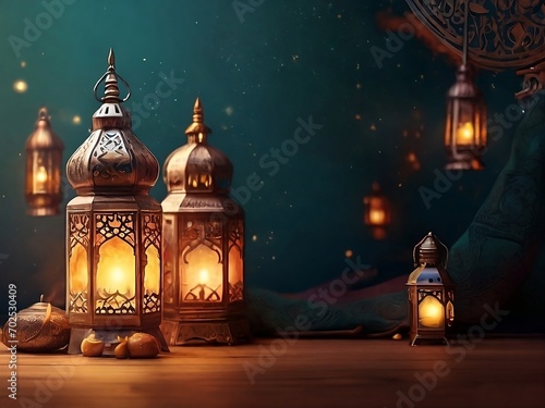 Happy Ramadan Kareem background with mosque and moon generated with AI technology.