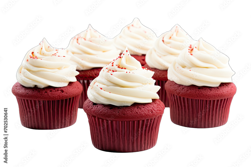 Red velvet cupcakes with cream cheese frosting on a transparent background