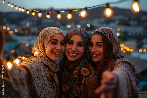 Group of happy muslim women wearing hijab taking selfie with mobile phone at sunset photo