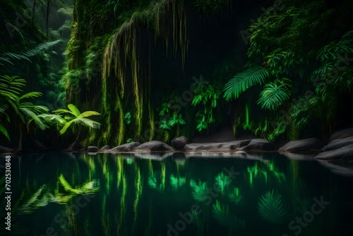 A tranquil rainforest pool reflects the lush cliffs and verdant foliage.