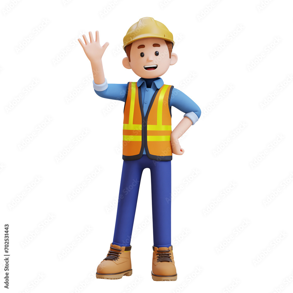 3D Construction Worker Character Waving Hand Pose