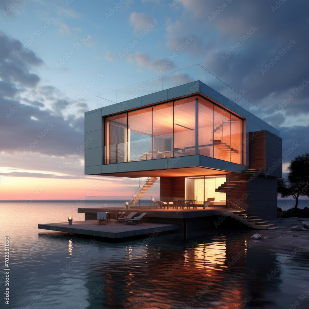 modern white house, in a minimalist style, on the sea or ocean shore modern white house, in a minimalist style, on the sea or ocean shore