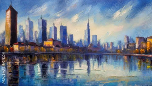 Skyline city view with reflections on water. Original oil painting on canvas.