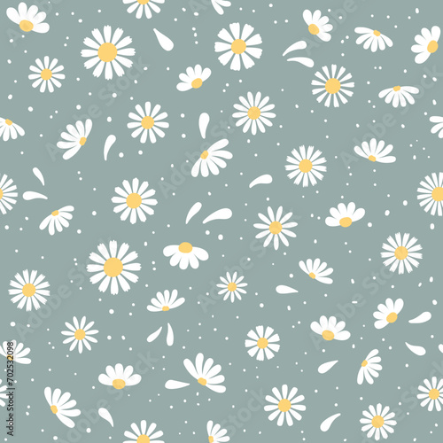 Floral Seamless Pattern with Simple Chamomile Flowers an Leaves Isolated on Pastel Green Background