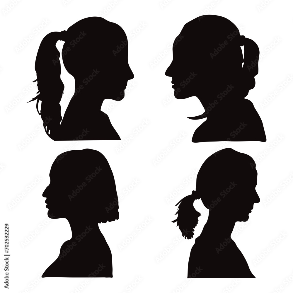 Woman Head Silhouette With Different Hairstyle. Vector Illustration Set.