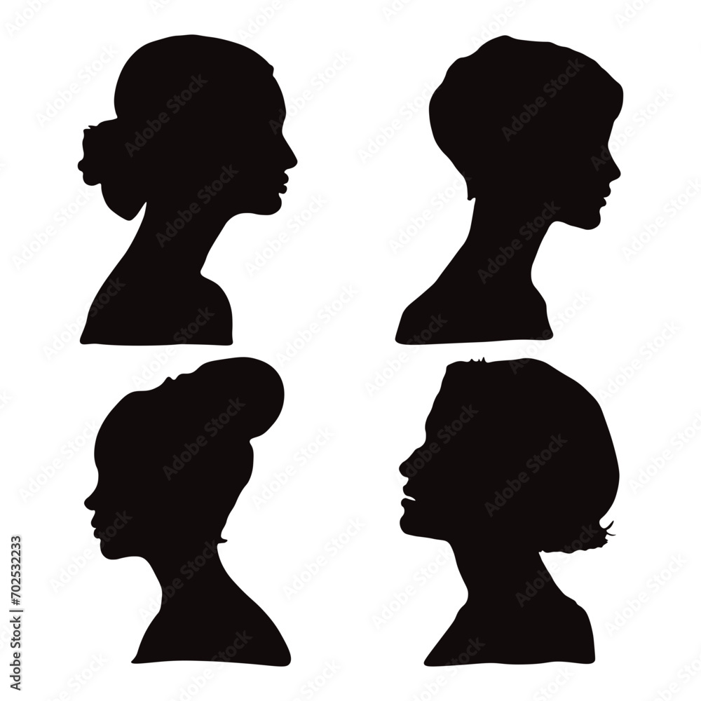 Woman Head Silhouette With Different Hairstyle. Vector Illustration Set.