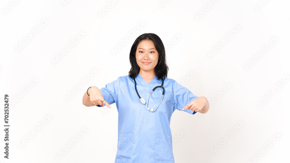 Young Asian female doctor pointing bellow copy space isolated on white background Young Asian female doctor pointing bellow copy space isolated on white background
