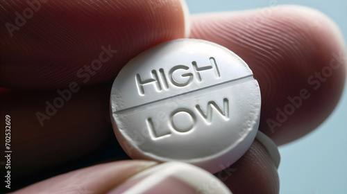 Macro closeup view of pill with score line separating \'HIGH\' and \'LOW\' text - Drug effects concept