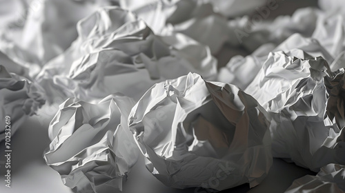 Assorted crumpled paper balls, textured backdrop for creativity and waste