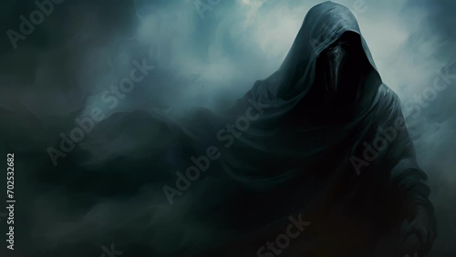 A hooded specter shrouded in a shroud of smoke and fog