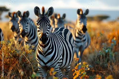 Herd of zebras looking at camera. Nxai Pans national park. Botswana. Africa © thiraphon
