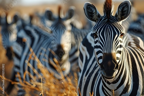 Herd of zebras looking at camera. Nxai Pans national park. Botswana. Africa