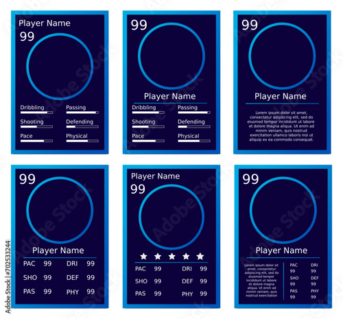 card game template with bluet frame and dark color, for player game, hockey, football photo
