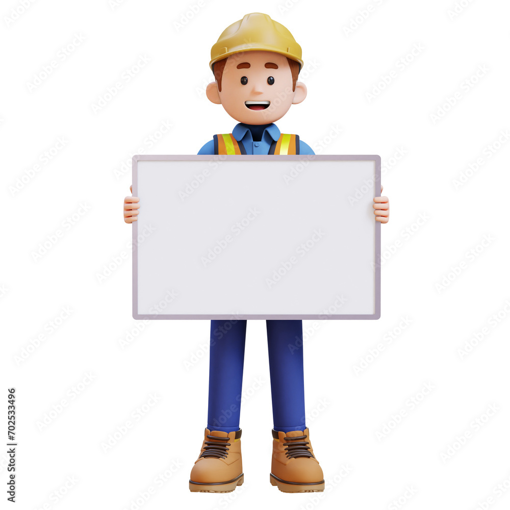 3D Construction Worker Character Holding Empty Placard