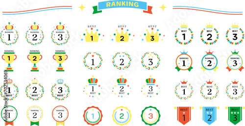 ランキング　アイコン　バリエーション　ポップ　カラフル　メダル　月桂樹　月桂冠　王冠　セット
