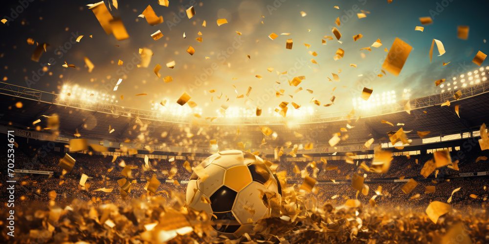 Golden confetti flutters over a sunlit soccer stadium, creating a celebratory atmosphere - obrazy, fototapety, plakaty 