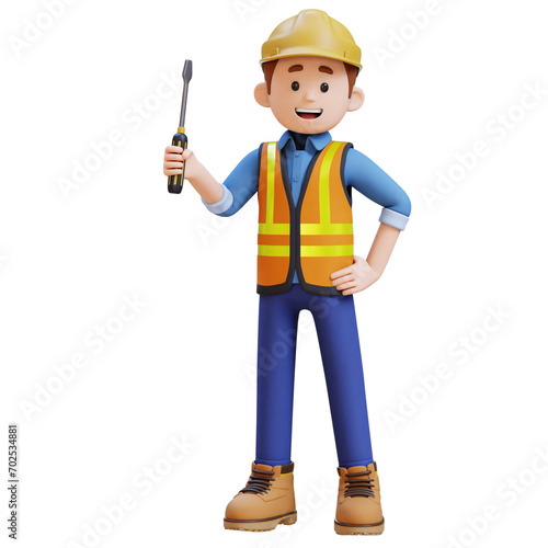 3D Construction Worker Character Holding Screwdriver in Confident Pose